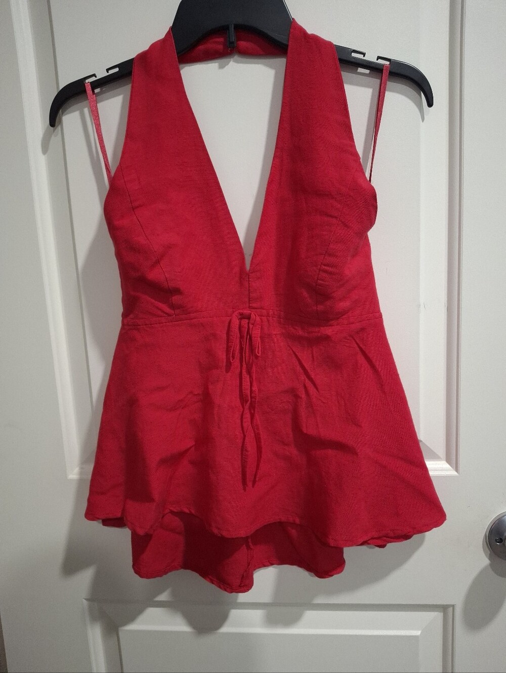 Sim & Sam Raspberry Wine V-neck  Halter Flare Peplum Top Size L New